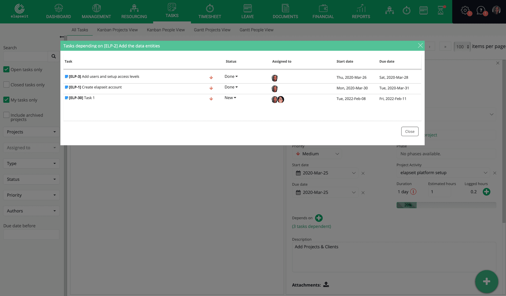 Visualizar las tareas dependientes en el módulo elapseit Tasks.