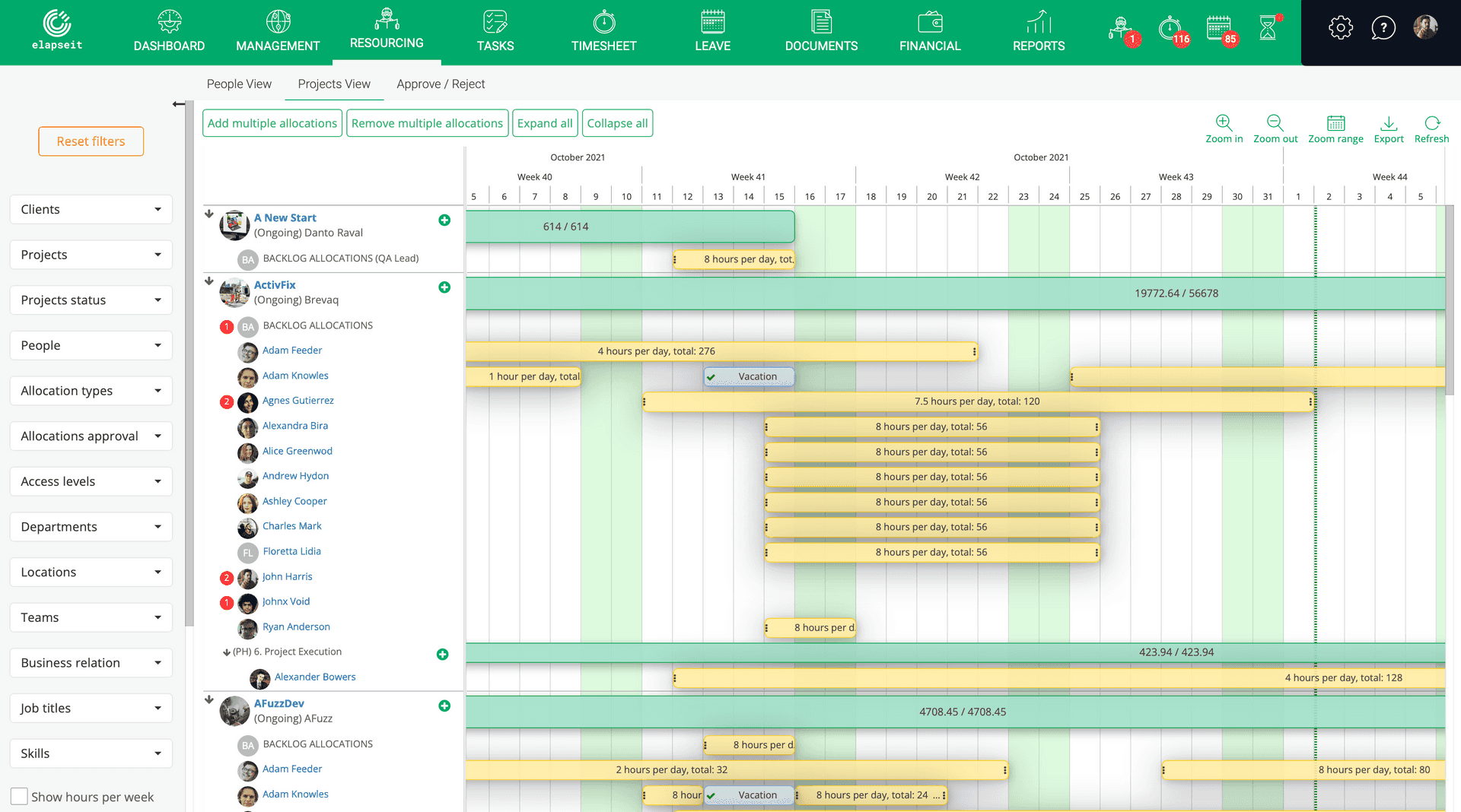 La vista de Proyecto en el Planificador de Recursos de elapseit muestra las asignaciones en cada proyecto.