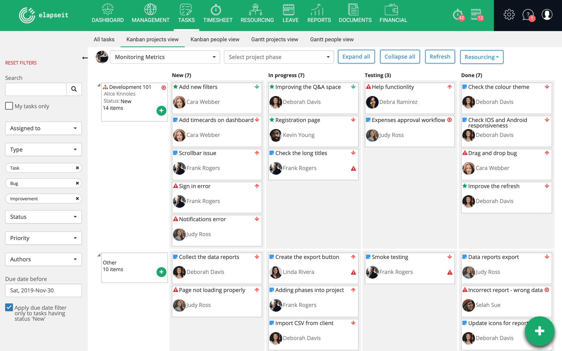 Vista de proyecto Kanban en elapseit